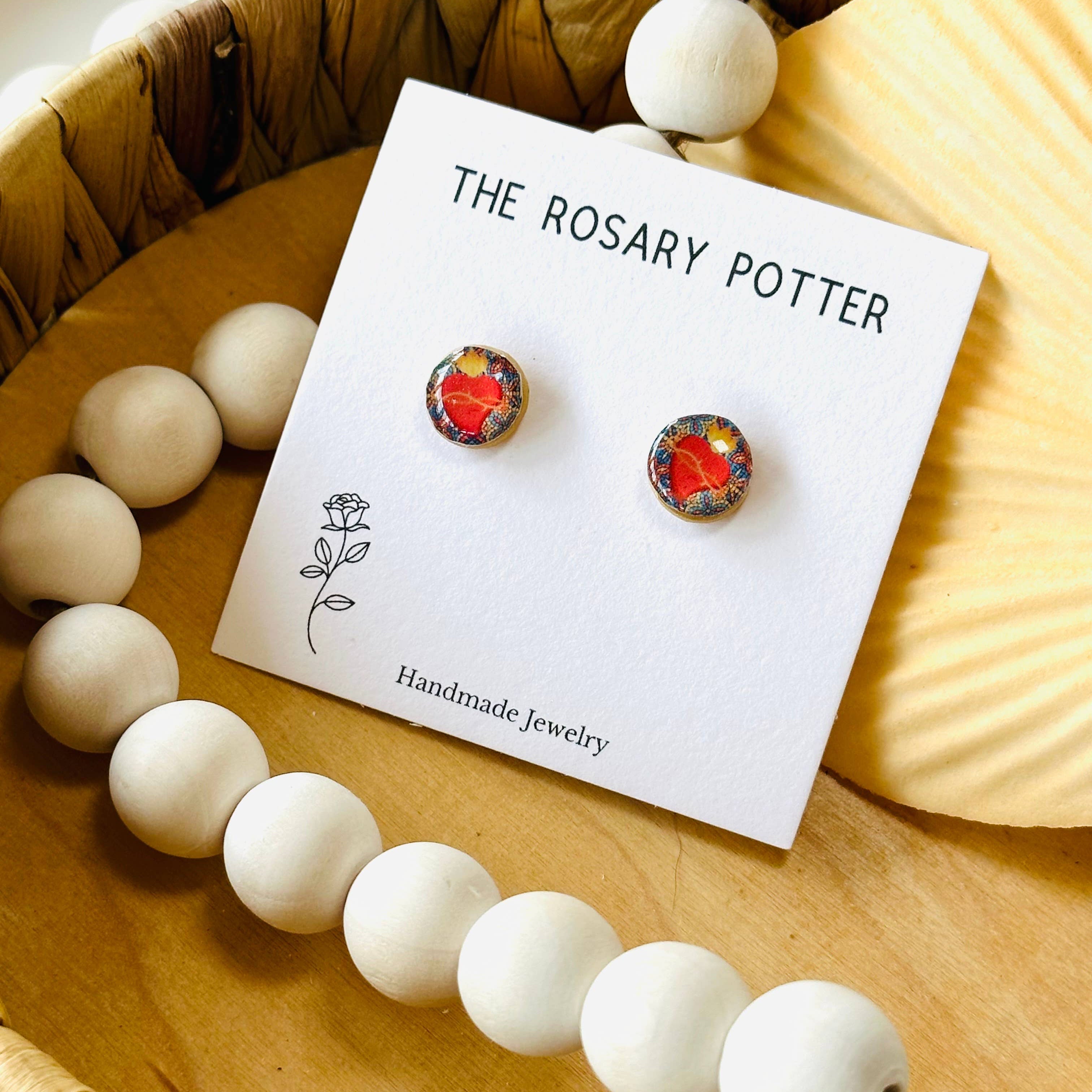 Sacred Heart Stained Glass Polymer Clay Stud Earrings 
